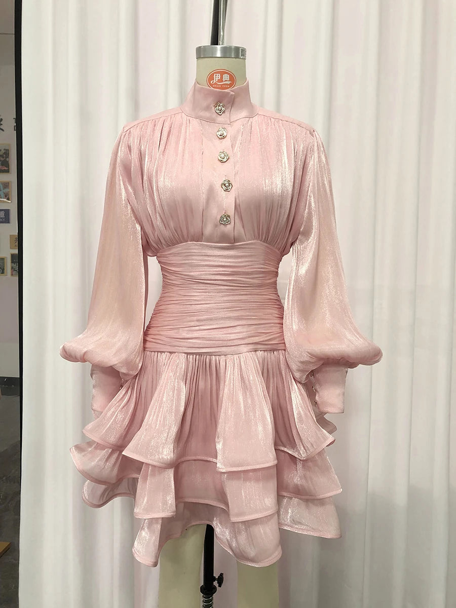 Solid Stand Collar Long Puff Sleeve Tiered Detail Slim Fit A-Line Knee-Length Dress – Empire Waist, Spring/Summer Luxegan