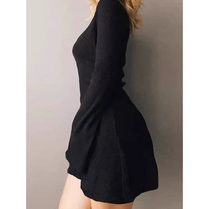 Solid V-Neck Sash Belt Slim Fit-and-Flare Mini Dress – Medium Stretch Polyester, Natural Waist, Spring/Summer Luxegan