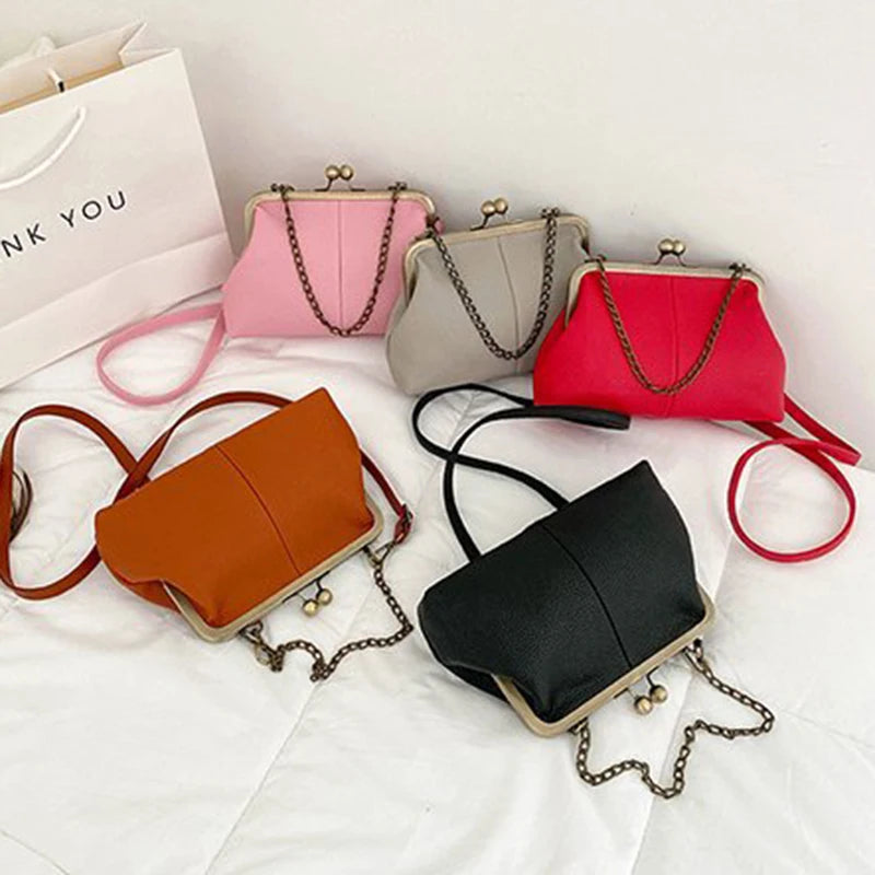 Vintage PU Shell Bag | Lychee Pattern Clip Chain Shoulder & Crossbody Luxegan