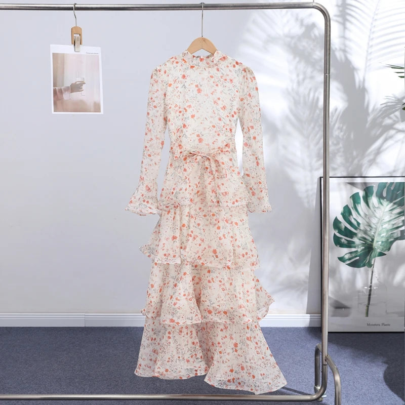 Hand-Painted Floral Print Round Neck Long Sleeve Loose Fit Maxi Dress – Natural Waist, Spring/Summer Luxegan