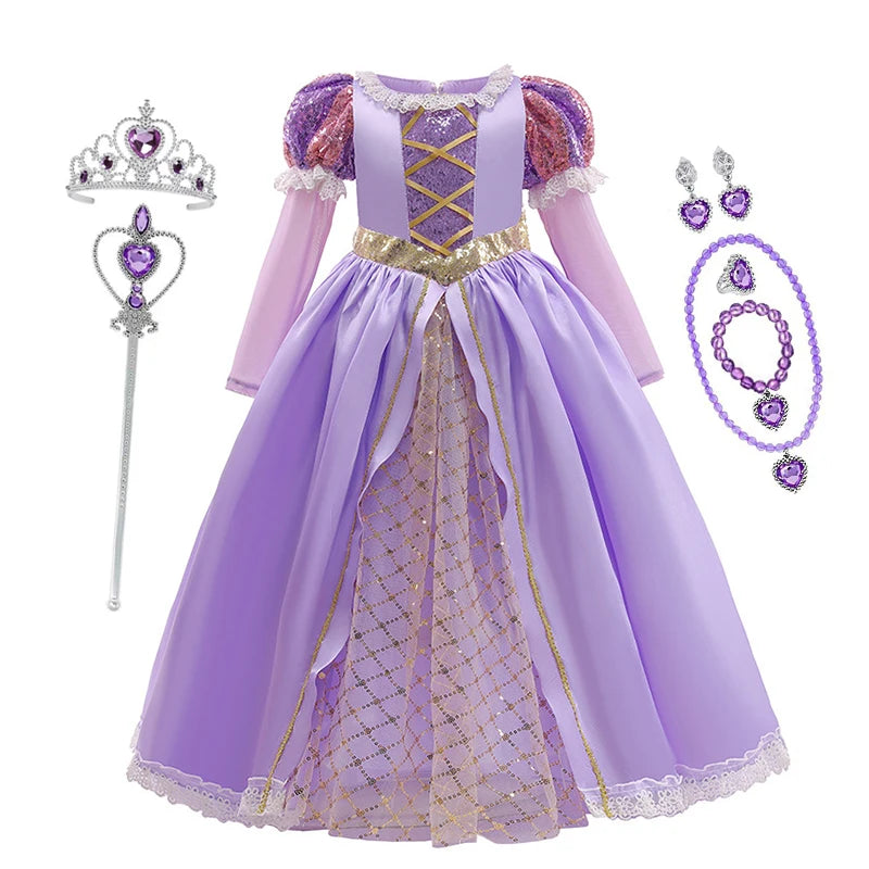 Girls' Rapunzel Princess Costume Dress | Kids Tangled Cosplay Carnival Disguise Gown | Short-Sleeve Ankle-Length Birthday Party Outfit for 2-10 Years Luxegan