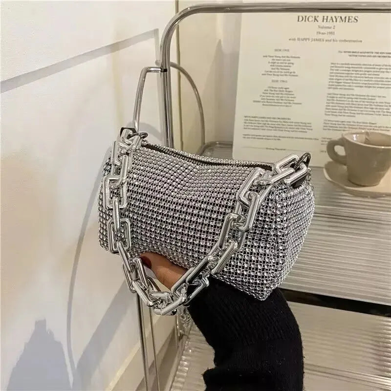Allover Rhinestone Bucket Bag | Glitter Chain Prom Purse & Women's Mini Crossbody Bag (Sparkling Evening Handbag) Luxegan