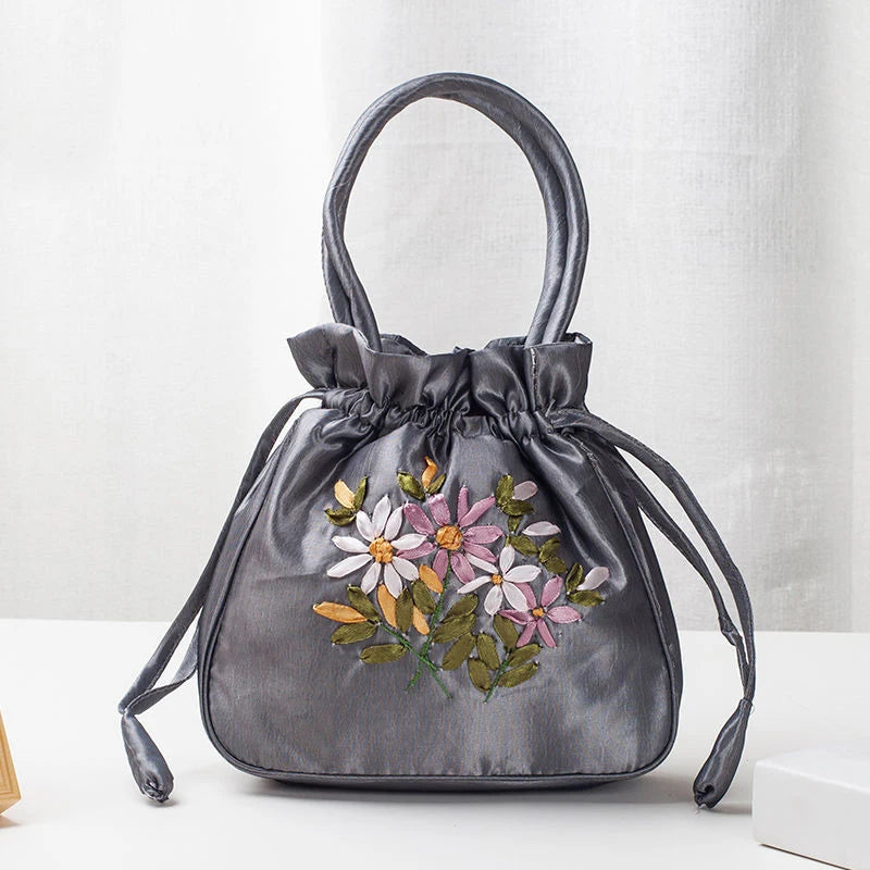 Bolsos Retro Bordados con Cordón Bolsas de Almacenamiento Carteras Monederos Tarjeteros Bolsos de Hombro Tipo Cubo Bolsos de Muñeca