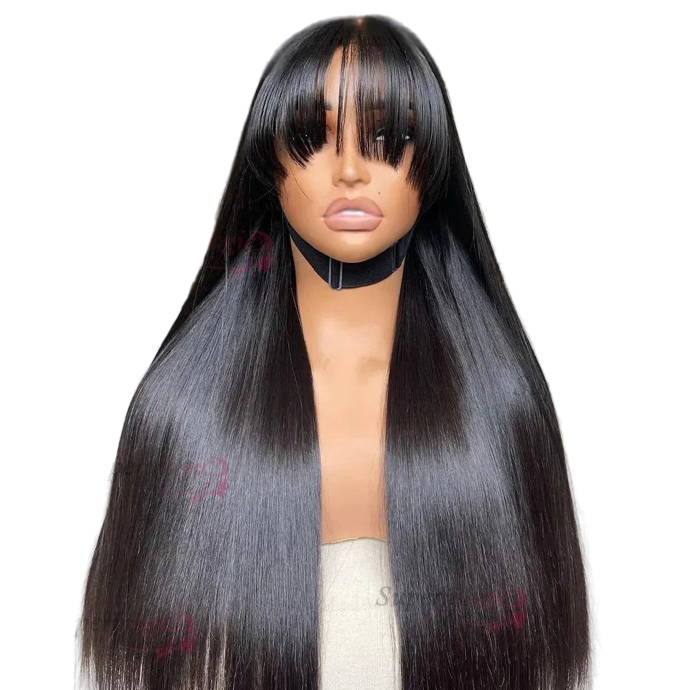 Raw Indian Bone Straight Human Hair Wig | Sophisticated 4x4 Lace Closure Middle Part | Elegant "Brazilian Virgin" 30–32 Inch Length | "Dignified" Glueless Wear-and-Go Wig with Bangs for Radiant Versatile Styling Luxegan