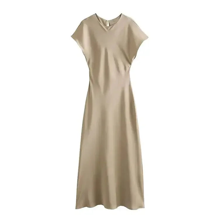 Women's Elegant Solid Satin Midi Dress | Chic Vintage O-Neck Short Sleeve Evening Gown | Luxury All-Season Slim Fit Party Dress | Premium A-Line Mid-Calf Vestido Model 9965 Luxegan
