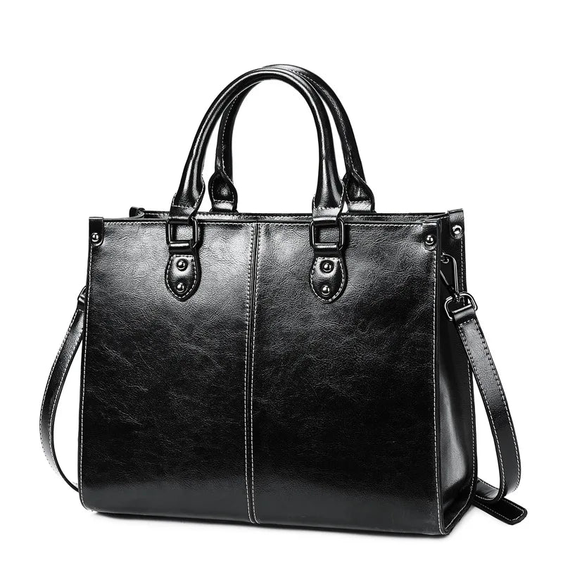 Genuine Leather Crossbody Shoulder Tote | Sophisticated Real Cowhide Fashion Handbag | Elegant Office Top-Handle Messenger | "Dignified" Soft Leather Box Bag for Versatile Professional Styling Luxegan