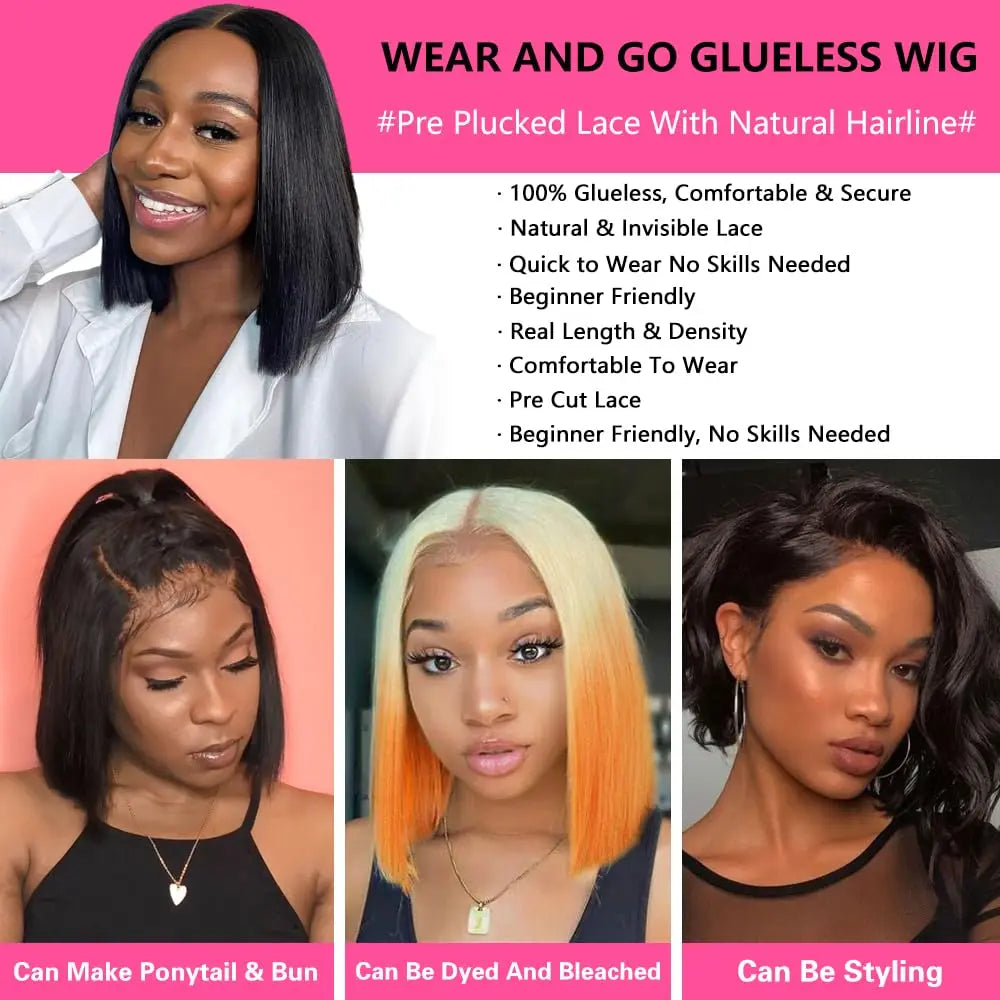 Wear And Go Bob Straight Pre Cut Lace Front Wigs | Black