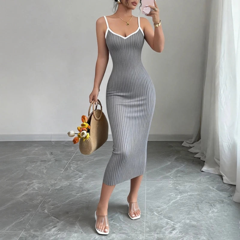 Solid V-Neck Spaghetti Strap Sleeveless Regular Fit Sheath Mid-Calf Dress – Empire Waist, High-Stretch Knit, Summer Luxegan