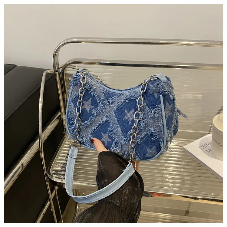 Casual Star Denim Shoulder Bags for Women | Plaid Tassel Cool Hot Girls Underarm Phone Bag - view 6