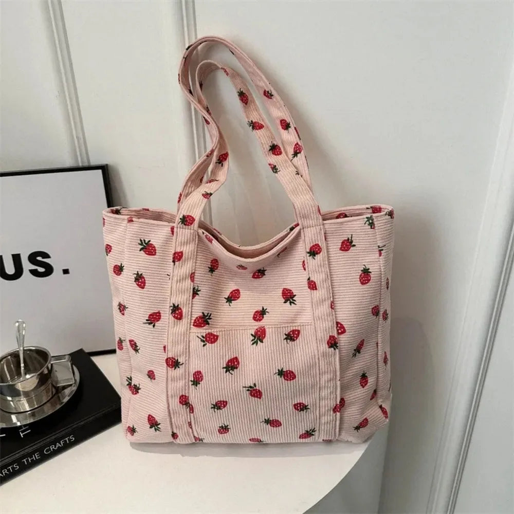 Canvas Bucket Bag | Soft Strawberry Corduroy Large Capacity Commuter Tote Luxegan
