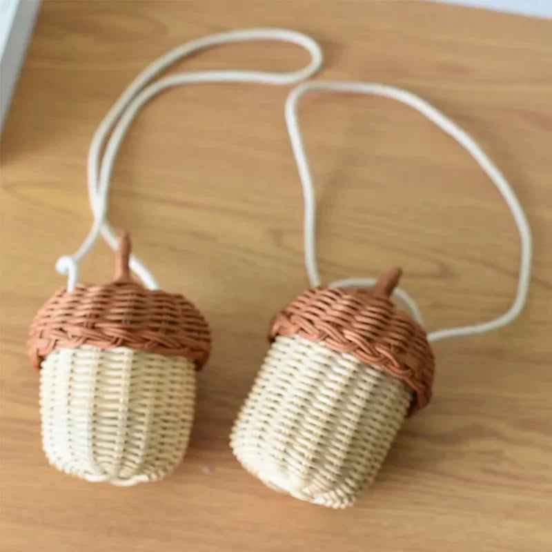 Acorn-shaped Woven Shoulder Bag | Tropical Beach Style Rattan Tote & Photo Prop Luxegan 