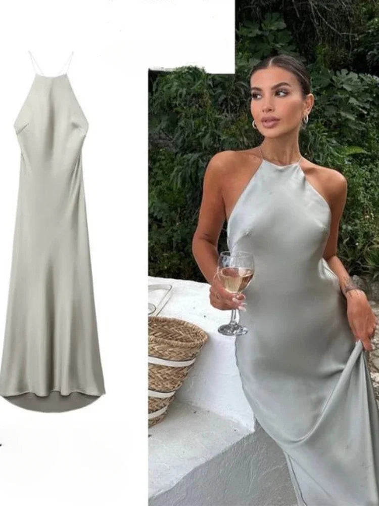Solid Streetwear Slash Neck Spaghetti-Strap Sleeveless Slim A-Line Mid-Calf Dress – Slight-Stretch Polyester, Empire Waist, Spring/Summer Luxegan
