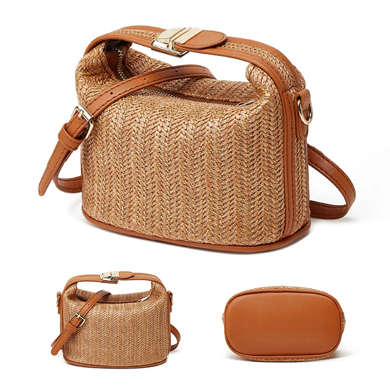 Trendy Summer Small Straw Handbag | Woven Bucket Crossbody Bag | HARD Casual Seaside Beach Handle Tote (Women/Girls) Luxegan