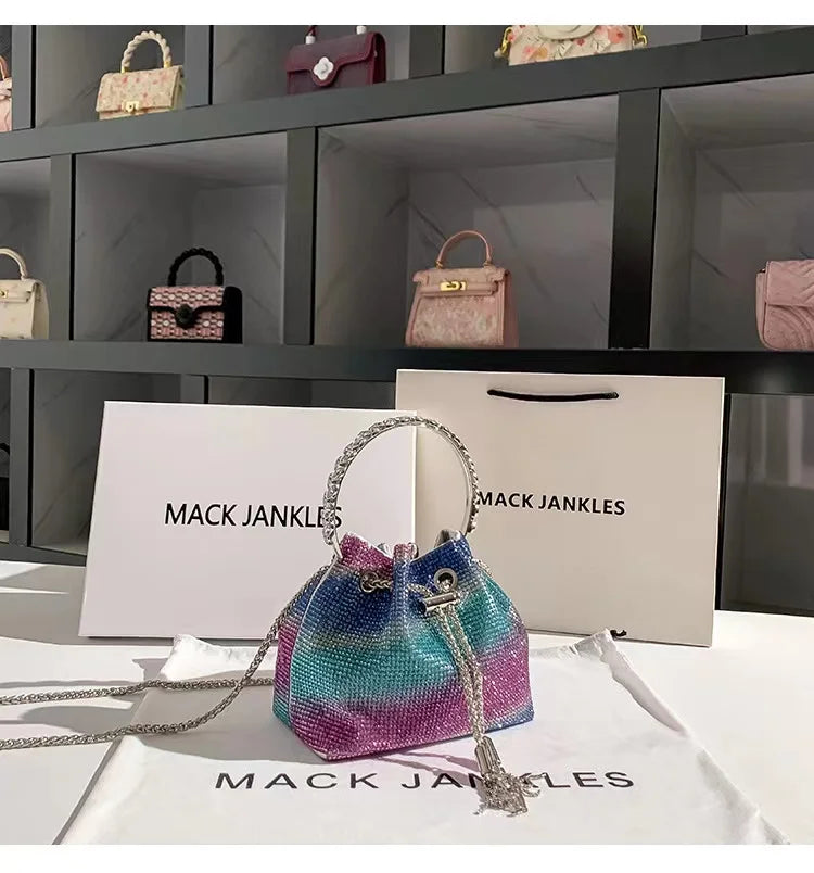 Fashion Metal Ring Handle Bucket Bag | Glitter Shiny Diamond Evening Purse | Luxury Rhinestone Wedding Party Clutch & Crossbody Bag (Model SHRF38) Luxegan