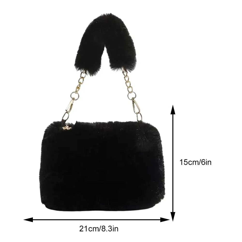 Fuzzy Plush Top Handle Bag | Soft Faux Fur Chain Crossbody Luxegan