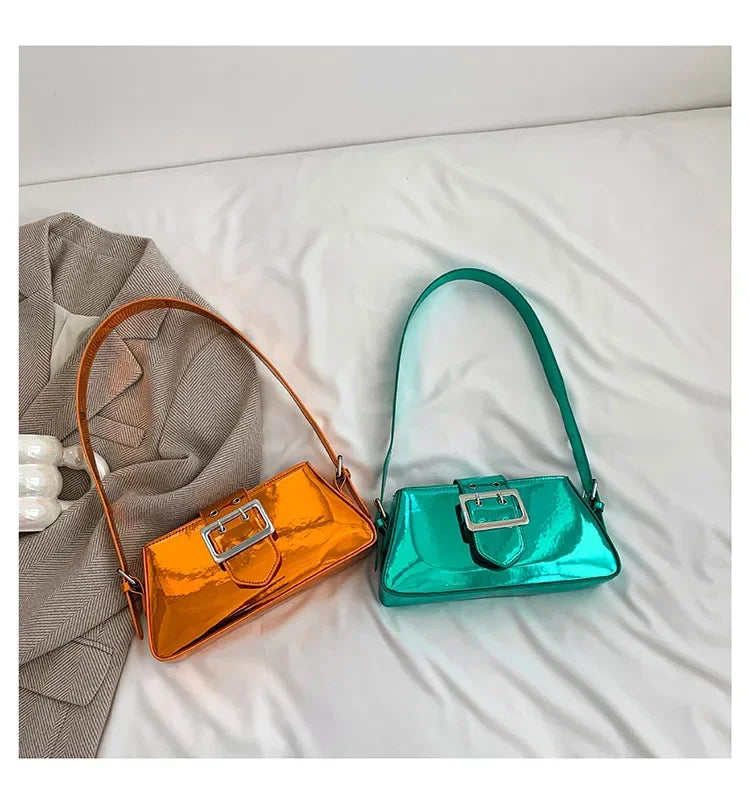 New Luxury Design Women's Glossy PU Leather Armpit Bag | Fashion Party Handbag (Patent Leather Silver Shoulder & Crossbody Bag) Luxegan