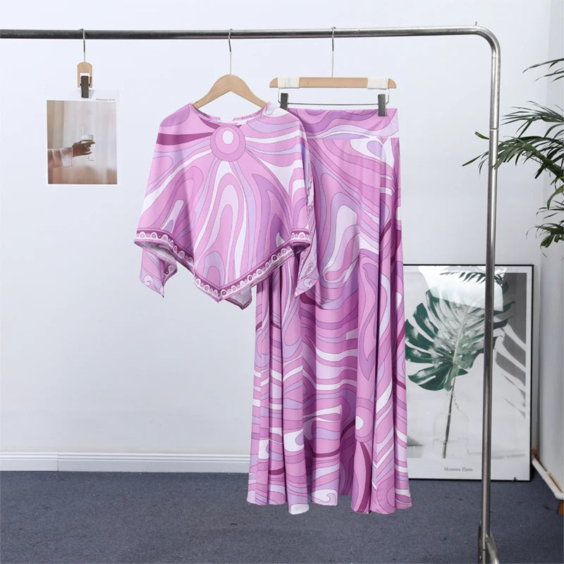 Stripe Print Round Neck Full Batwing Sleeve Loose Fit Sheer Ankle-Length Dress – Available as Dress or 2-Piece Set, Spring/Summer Luxegan
