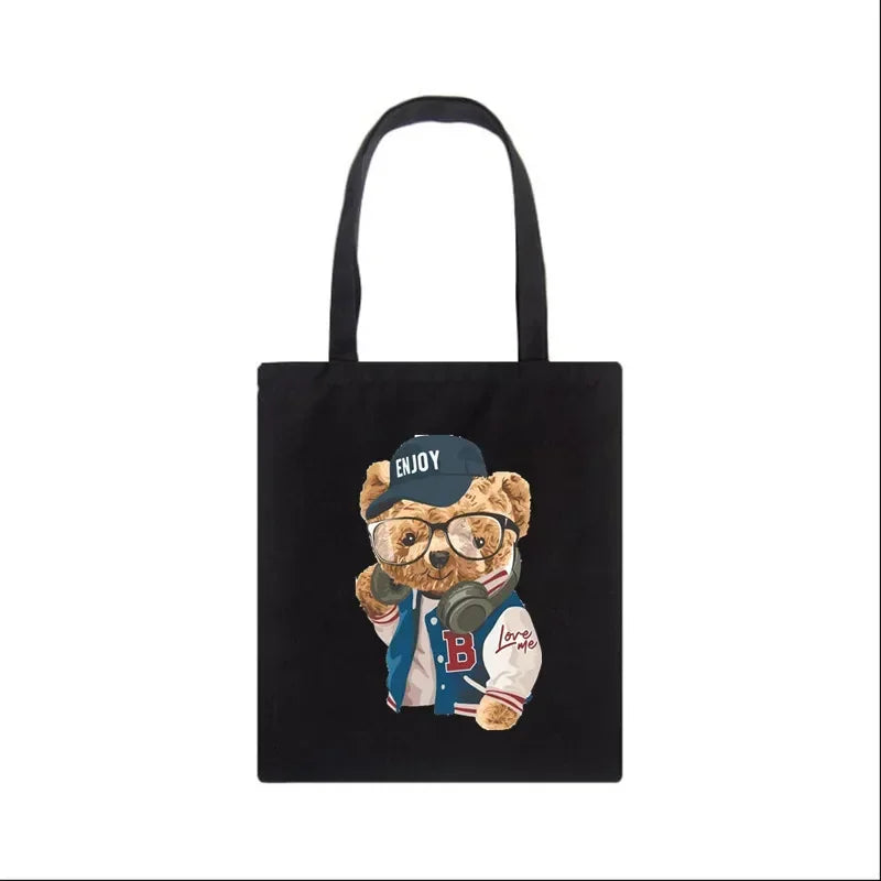 Fashion Bear Print Eco Women Shoulder Bags | Female Handbag Canvas Shopping Bag | Casual Large Ladies Travel Totes Bags Luxegan
