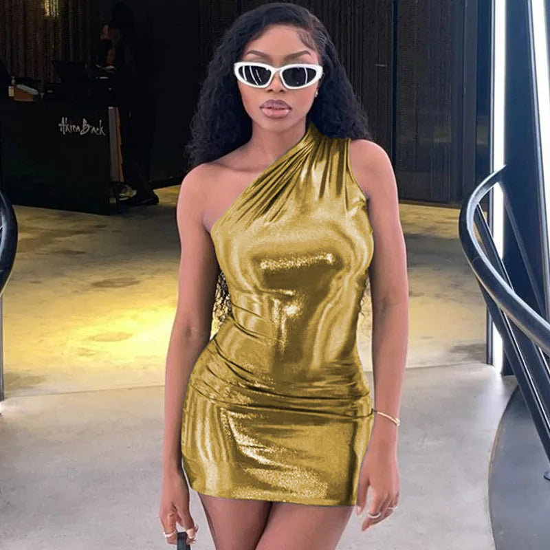 Solid Asymmetric One-Shoulder Sleeveless Slim Fit A-Line Mini Dress – High Stretch Polyester, Empire Waist, Summer