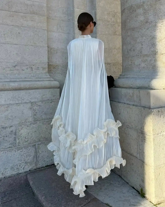 Multi-Layer Ruffle Hem Cape Maxi Dress | Round Neck Sleeveless Lace-Up Evening Party Dress Luxegan