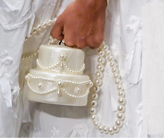 Whimsical Cake-Shaped Evening Clutch | Luxury Pearl-Colored Acrylic Dinner Purse | Fashionable Beaded Box Handbag | Unique Party Statement Bag with Floral Appliques Luxegan