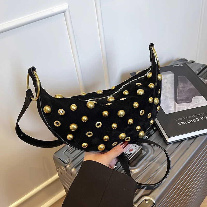 Women's Trendy Punk Style Rivet Crescent Bag | Premium Faux Suede Crossbody Handbag | New Arrival Luxury Half-Moon Shoulder Purse | Soft Gothic Hobo Bag with Polyester Lining Luxegan