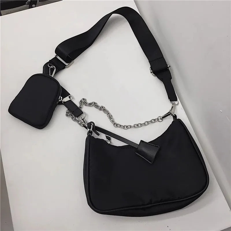 Casual Nylon Waterproof Shoulder Hobo Bag | Fashion Cool Black Chain Handbag Luxegan