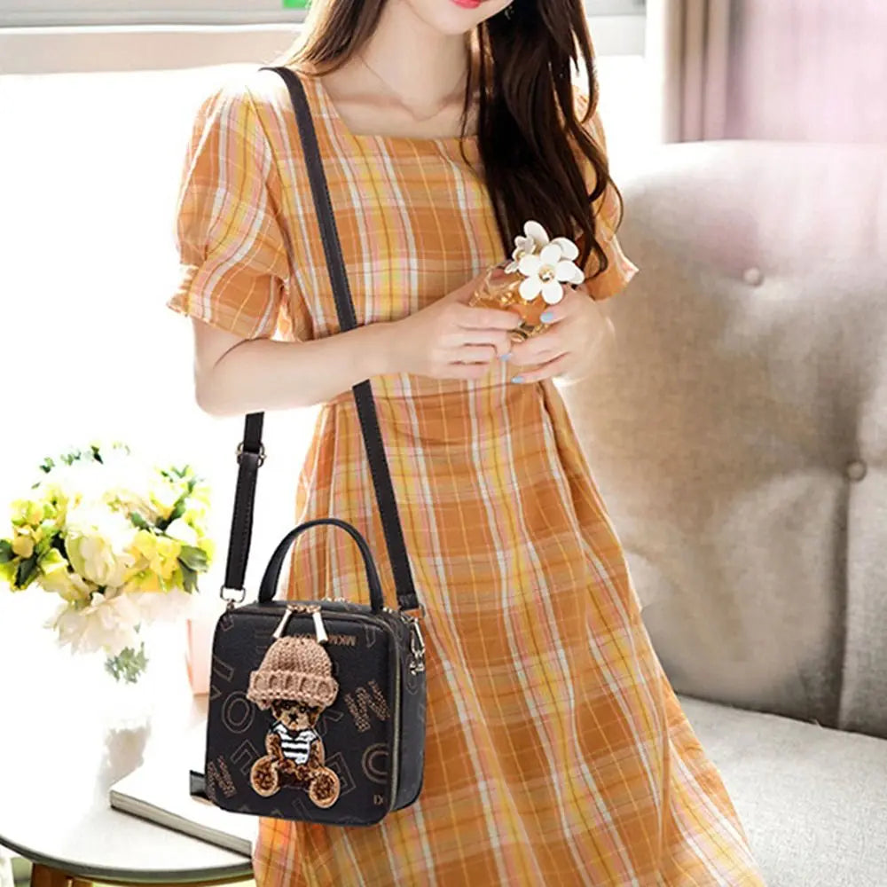 PU Leather Shoulder Bags | Fashion Simple Cute Cartoon Bear Crossbody Bag & Messenger Bag (Women's Small Square Handbags) Luxegan