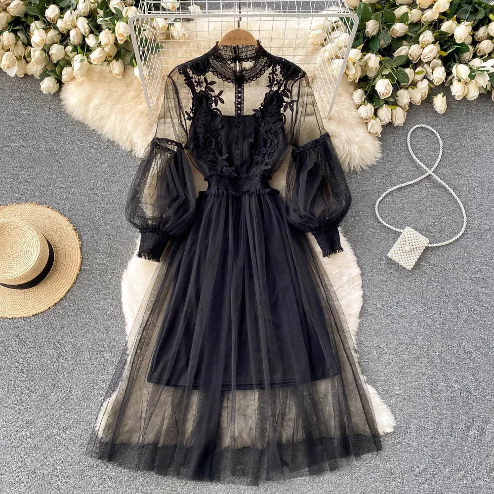 Ladies' Lace Midi Dress – Stand Collar, Lantern Sleeve, Beaded Floral Detail Luxegan