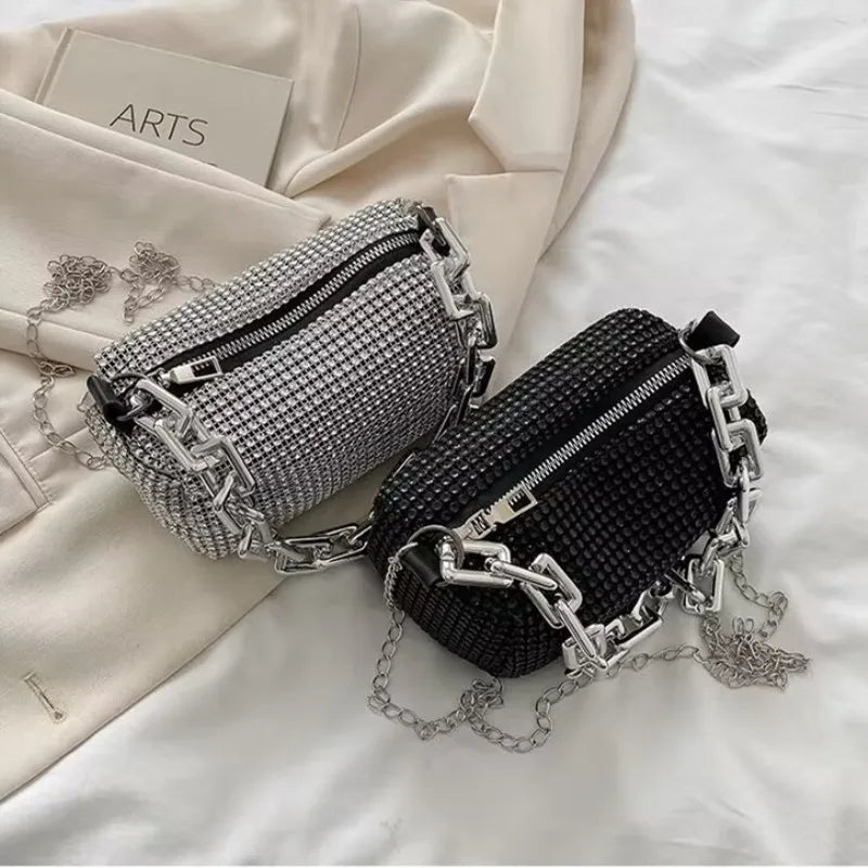 ABS Pillow Shaped Bucket Bag | Moderate Hardness Allover Rhinestone Glitter Chain Crossbody Luxegan
