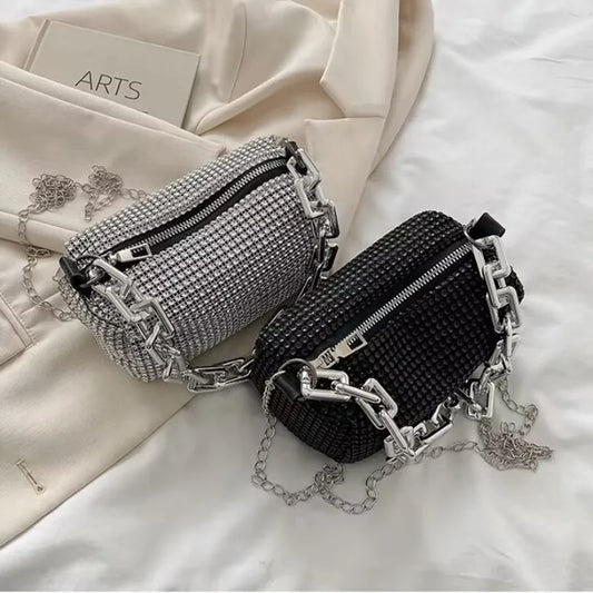 ABS Pillow Shaped Bucket Bag | Moderate Hardness Allover Rhinestone Glitter Chain Crossbody Luxegan
