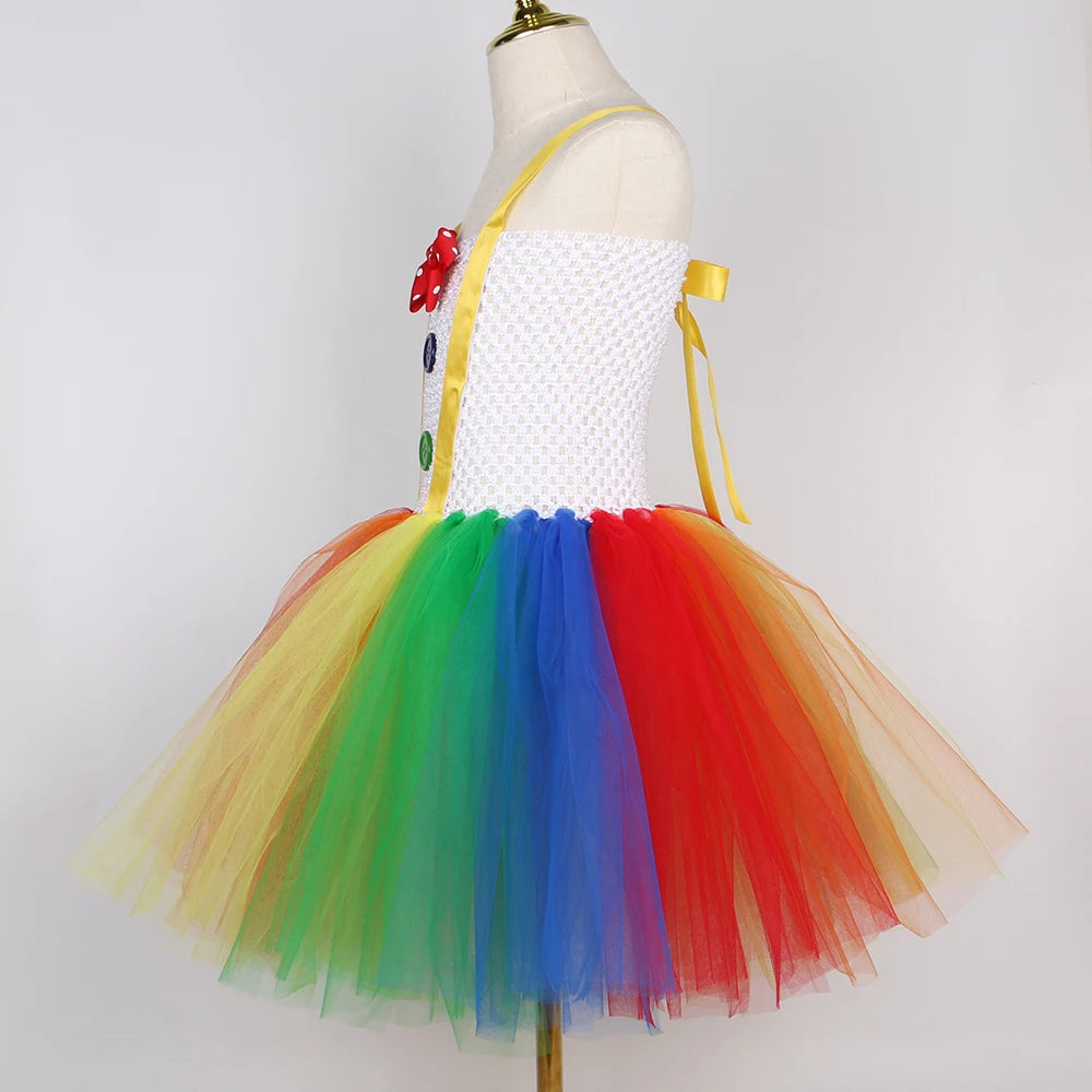 Funny Circus Clown Tutu Dress for Girls | Naughty Joker Cosplay Costume | Rainbow Patchwork Hand-Woven Carnival Party Ball Gown for Kids Luxegan