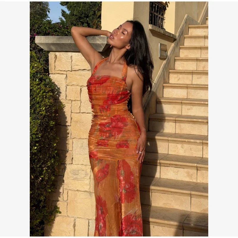 Flutter Sleeves Slim Long Dress Women Casual Pleated Deep V-neck Floral Print High Waist Dresses 2026 Lady Summer Holiday Wear