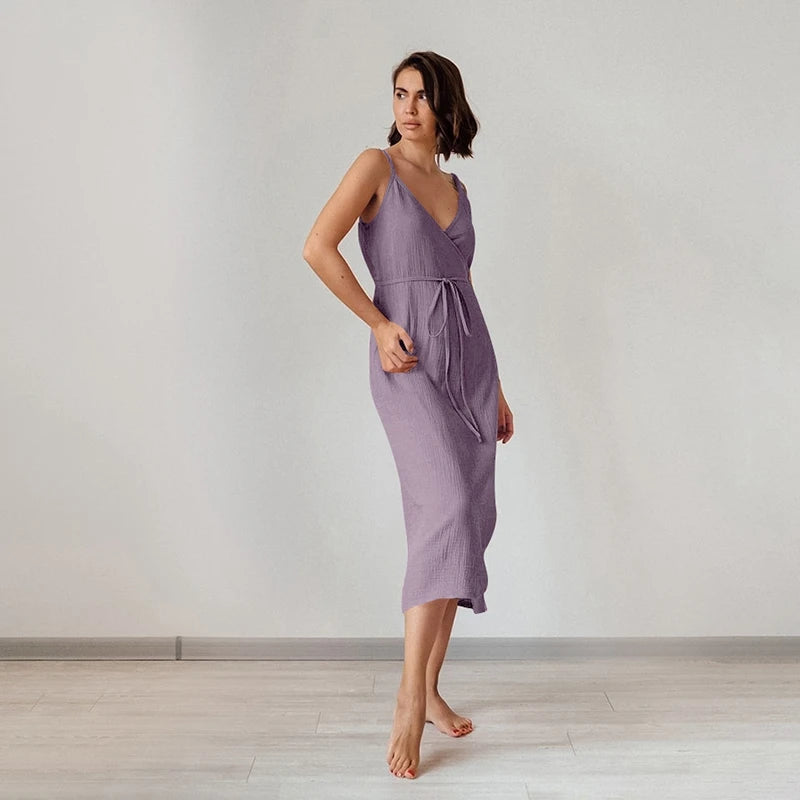 Solid V-Neck Spaghetti Strap Sash Tie Slim Fit A-Line Midi Dress – Cotton Crepe de Chine, Empire Waist, Summer Luxegan