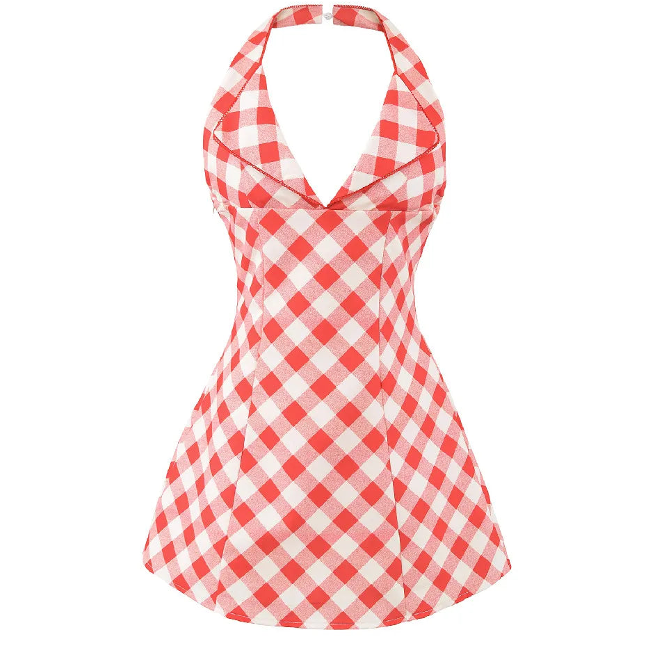 Plaid Print Halter Mini Dress | Deep V-Neck Lace-Up Backless A-Line Club Dress Luxegan