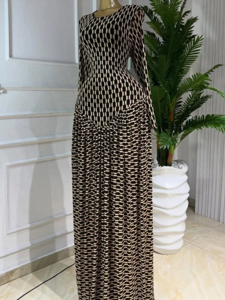 Geometric Plaid Round Neck Full Sleeve Regular Fit A-Line Floor-Length Knit Dress – Empire Waist, All Season Luxegan