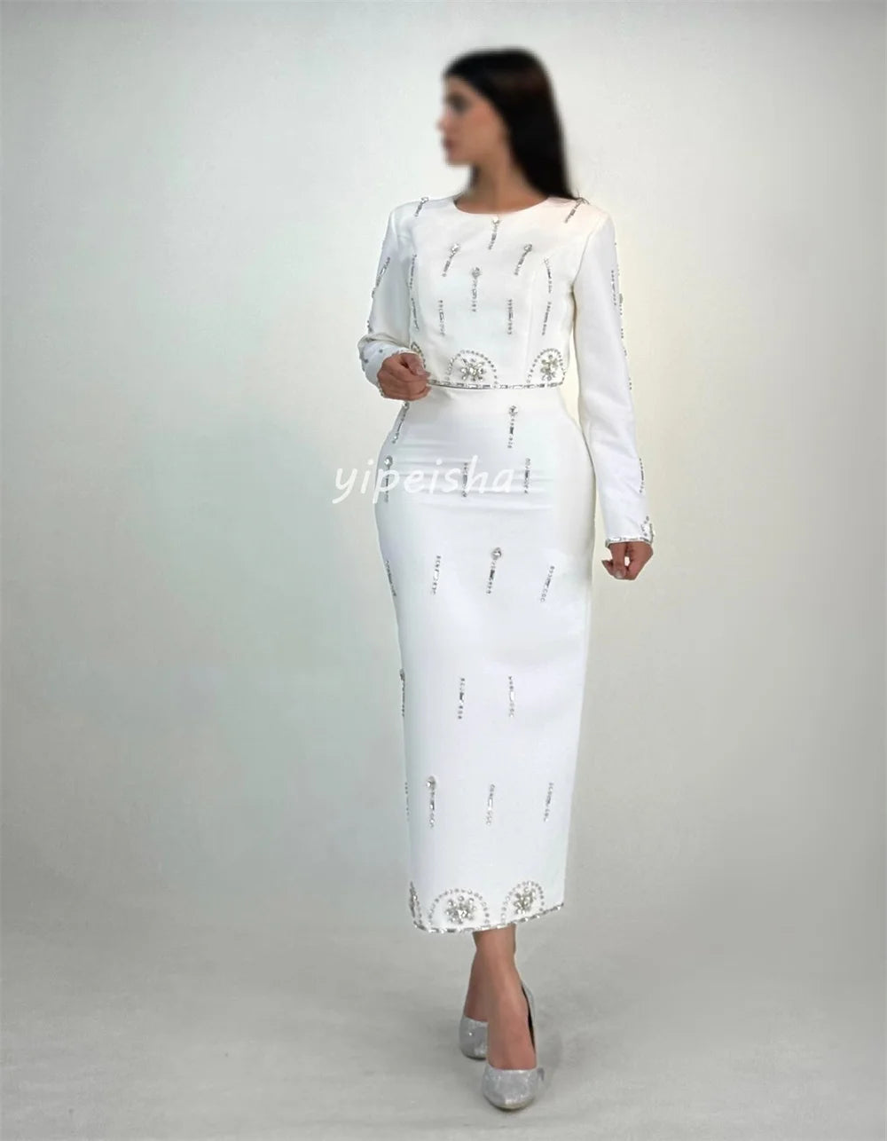 Floral Sequined O-Neck Full-Length Sleeve Straight Ankle-Length Formal Evening Dress – Polyester Jersey, Built-In Bra, Natural Waist Luxegan