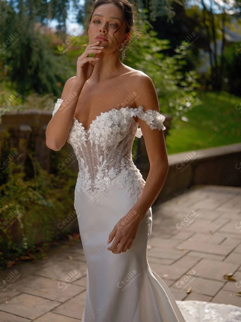 Vintage Off-The-Shoulder Satin Mermaid Wedding Dress | Luxurious Lace Applique Sweetheart Bridal Gown | Exquisite Ruched Pleated Vestidos De Novia | Custom Plus Size Floor-Length Gown with Sweep Train Luxegan
