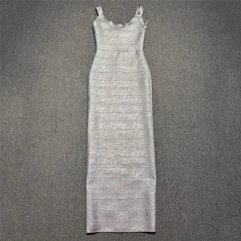 Hot Stamping Bandage Maxi Dress | Spaghetti Strap Backless Sheath Celebrity Party Dress Luxegan