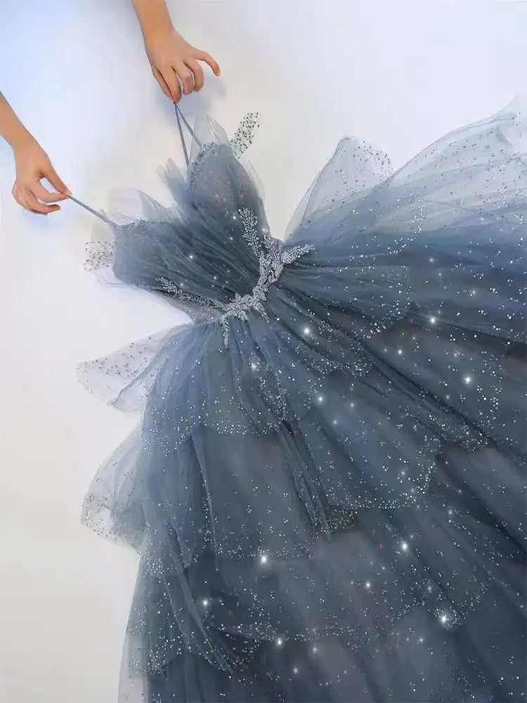 Customized Elegant Blue Straps Luxury Appliques Spaghetti A-Line Beaded Evening Dresses For Women 2026 Prom Dresses Party Dress