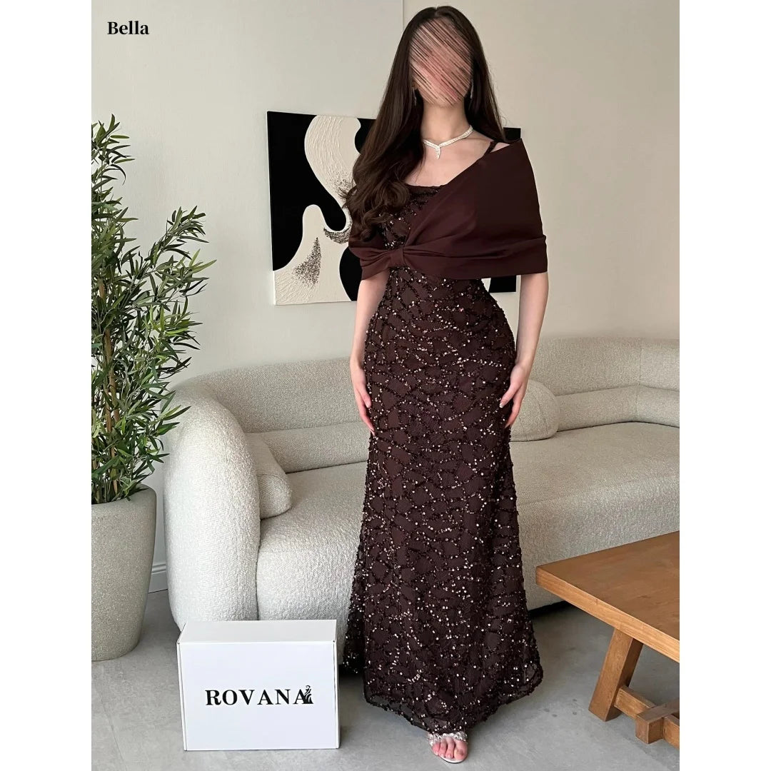 Bella Customized Dark Brown Square Neck Prom Dress Sequin Embellished Bow Shoulder Cape robes de soirée Slim-Fit Mermaid 2025