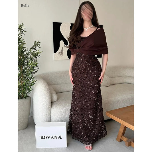 Bella - Vestido de fiesta de corte sirena entallado, cuello cuadrado, color marrón oscuro, con lentejuelas y hombros con lazo, 2025