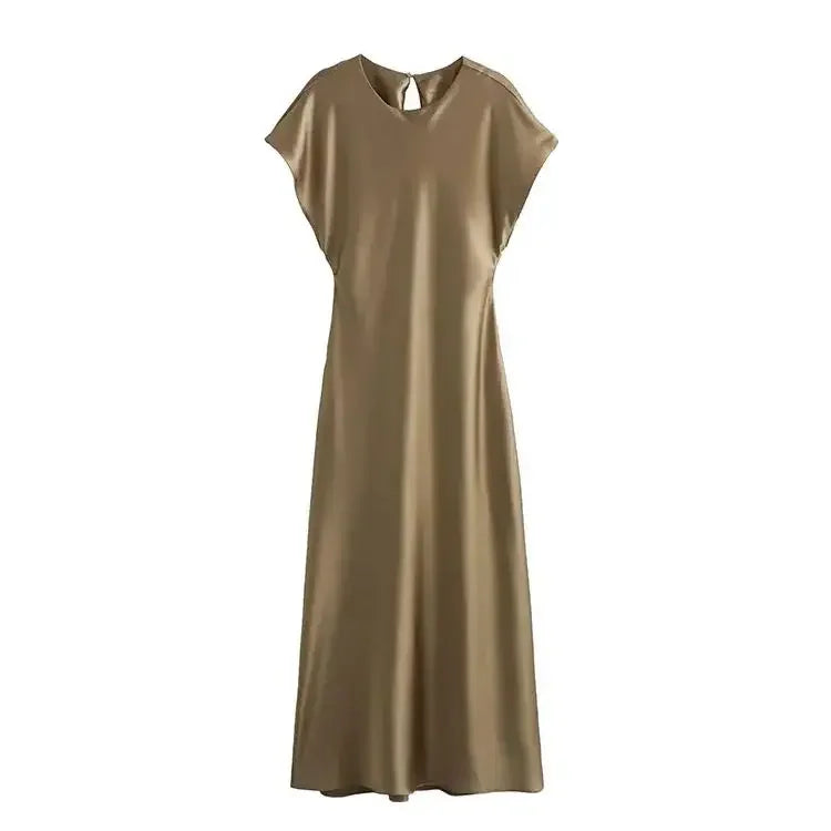 Women's Elegant Solid Satin Midi Dress | Chic Vintage O-Neck Short Sleeve Evening Gown | Luxury All-Season Slim Fit Party Dress | Premium A-Line Mid-Calf Vestido Model 9965 Luxegan