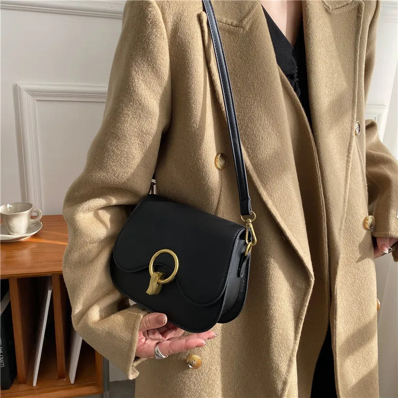 PU Leather Saddle Bag with Fashion Lock | Solid Color Flap Crossbody Purse Luxegan