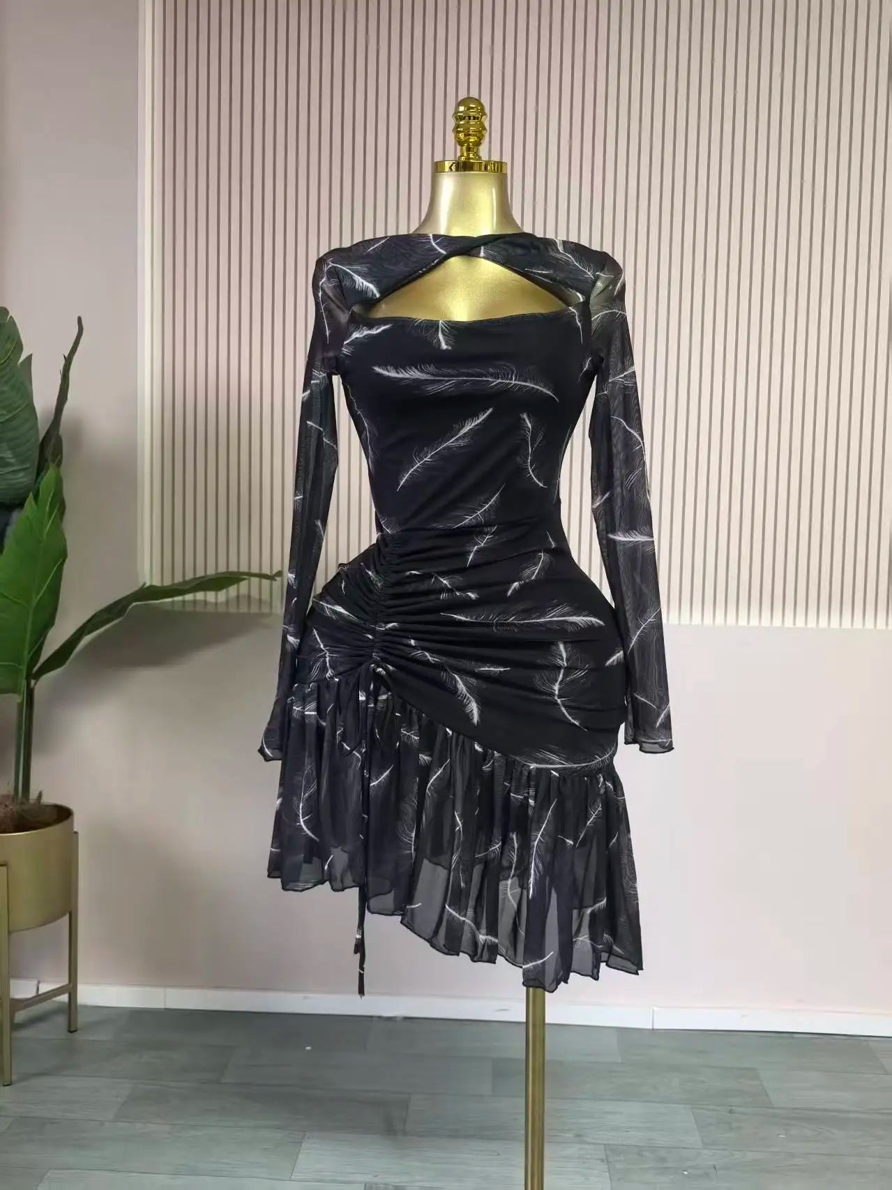 Stacked Ruffle Print Bodycon Maxi Dress | Long Sleeve O-Neck Draped Sheath Sexy Evening Party Dress Luxegan