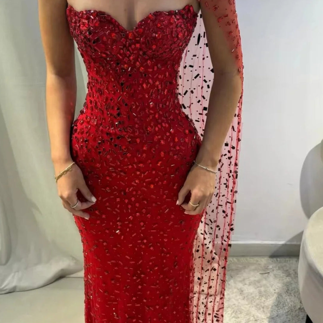 Luxurious Off-Shoulder Prom Dress | Elegant Sweetheart Lace Evening Gown | Classic Floor-Length Ball Dress with Fish-Tail Shawl | Premium Microfiber Sleeveless A-Line Gown with Built-in Bra Luxegan