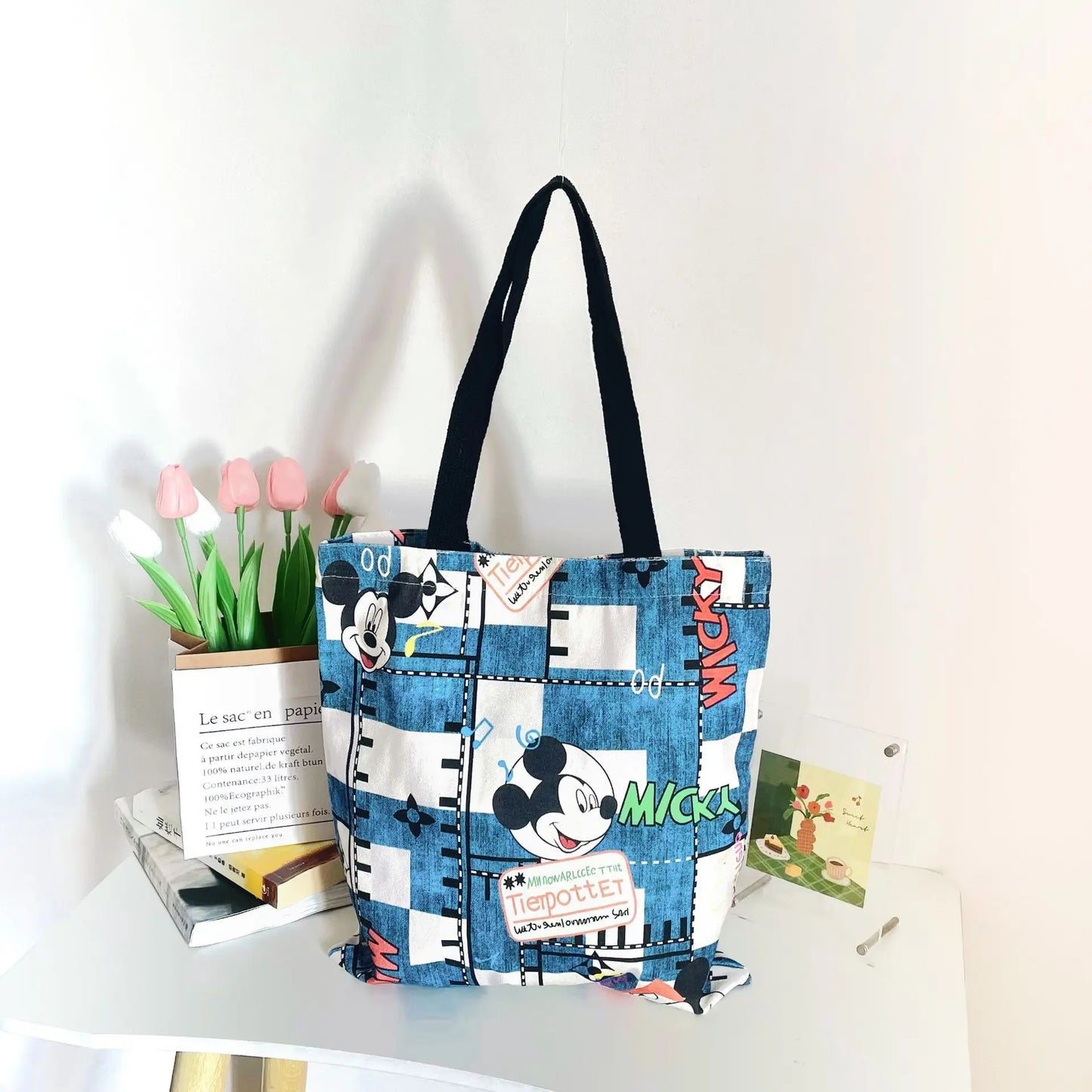 Disney Cartoon Mickey Shoulder Bag Handbag | Leisure Large Capacity Canvas Tote | Multifunction Simple Shopping Bag (Square Shape) Luxegan