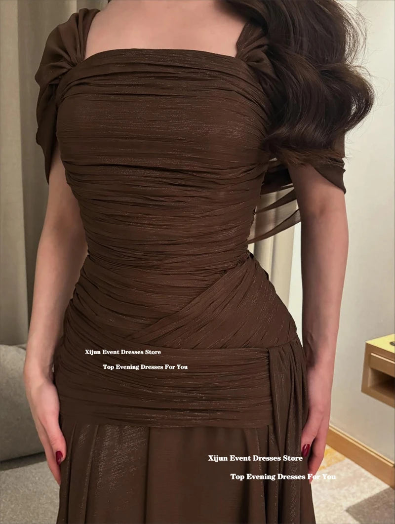 Xijun Elegant Brown Chiffon Evening Dresses Off The Shoulder A-Line Formal Prom Dresses Pleated Saudi Arabia Prom Gown Customize