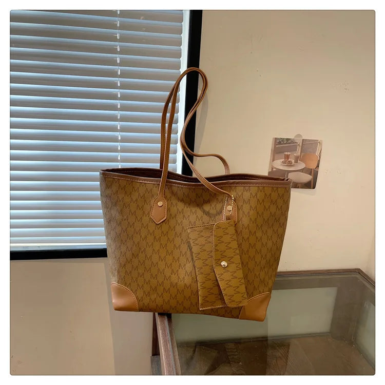 Retro European & American Large-Capacity Tote | Classic Letter Print PU Leather Shoulder Bag - view 15