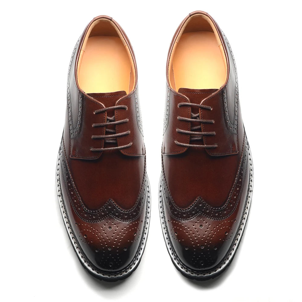 Handsome Men's Luxury Genuine Leather Sneakers | Wingtip Brogue Casual Oxfords (Height Increasing, Waterproof) Luxegan